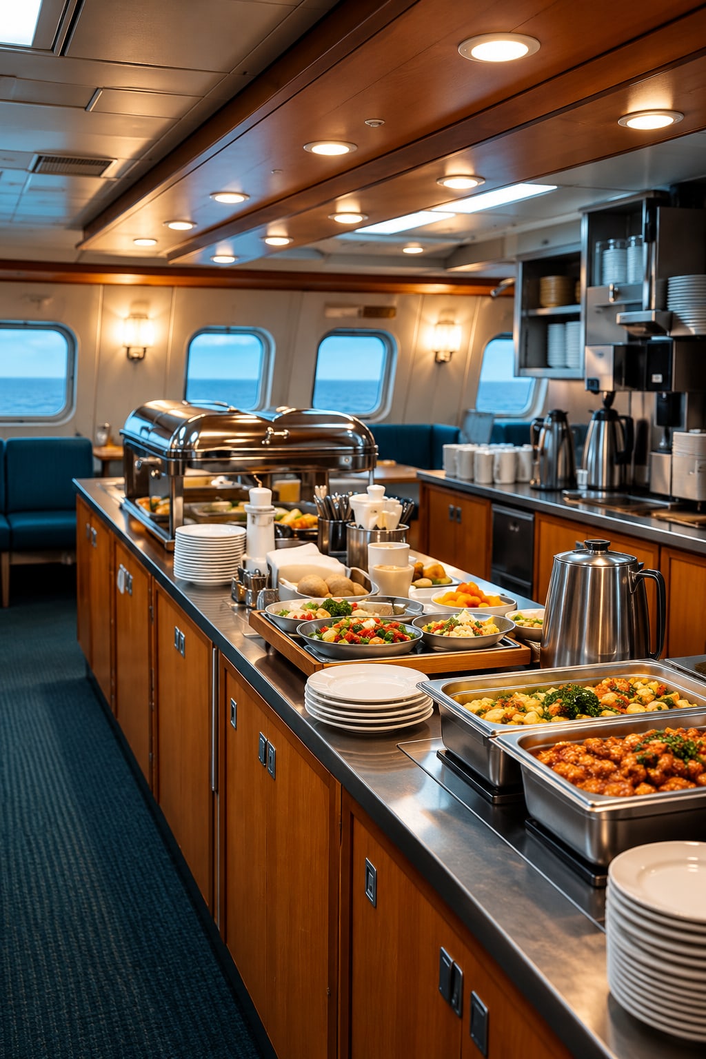 Onboard galley and dining counter with prepared food and serving equipment