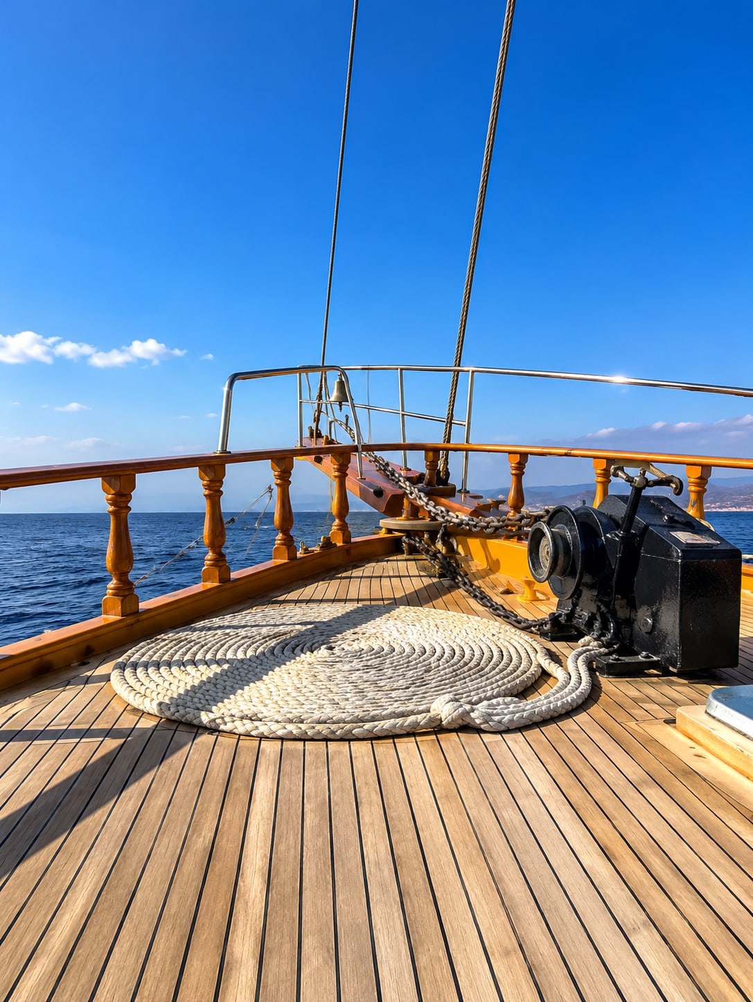 Coiled marine rope on a vessel deck