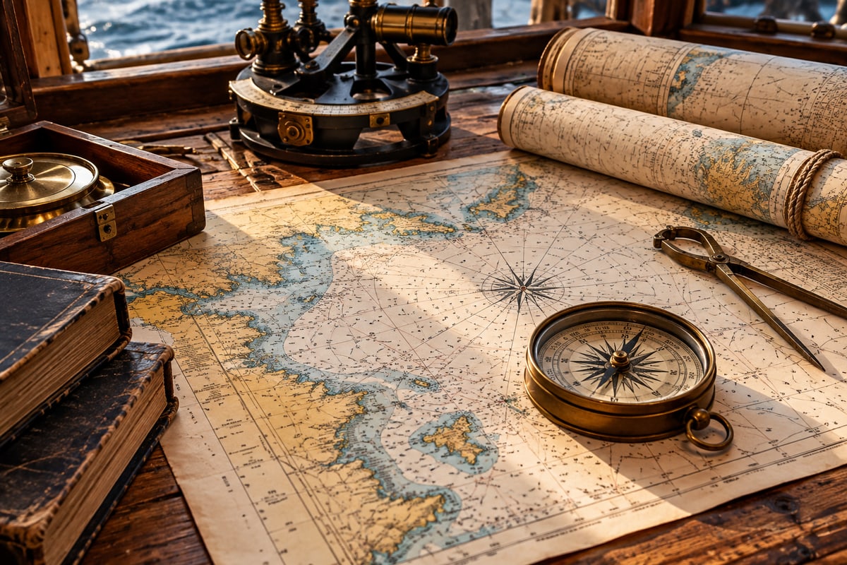 Nautical charts, navigation instruments and rolled marine maps