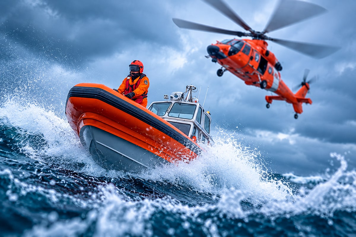 Marine rescue operation with a lifeboat, rescue personnel and helicopter