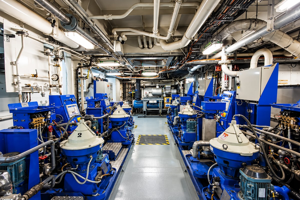 Marine machinery, pumps and piping in a vessel engine room