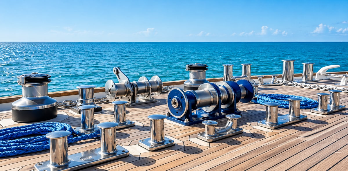 Marine deck hardware, winches, fittings and coiled ropes